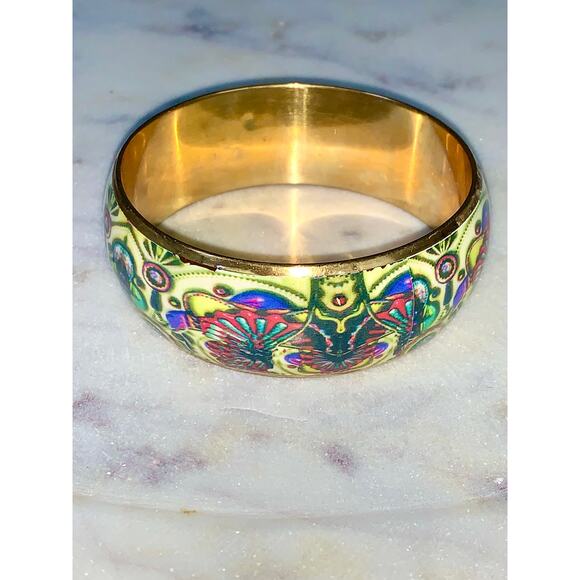 Vintage 1980's Boho Colorful Enamel Copper Art Bangle Bracelet - Picture 2 of 8